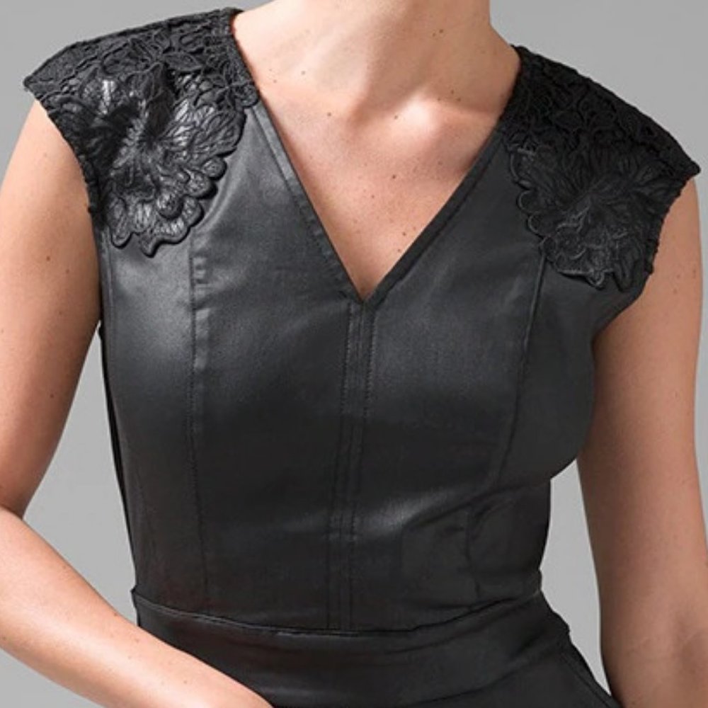 WHBM NWT WITH POCKETS! WASHABLE Coated Denim Lace Dress Faux Leather - Picture 4 of 10